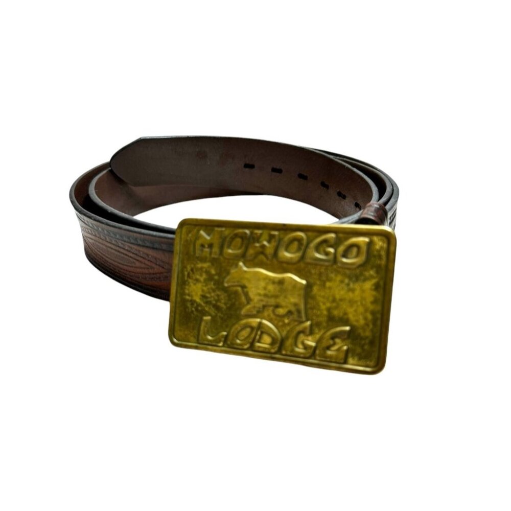 Vintage Wrangler Mowogo Lodge Brass Buckle Brown & Black Tooled Detachable Leath